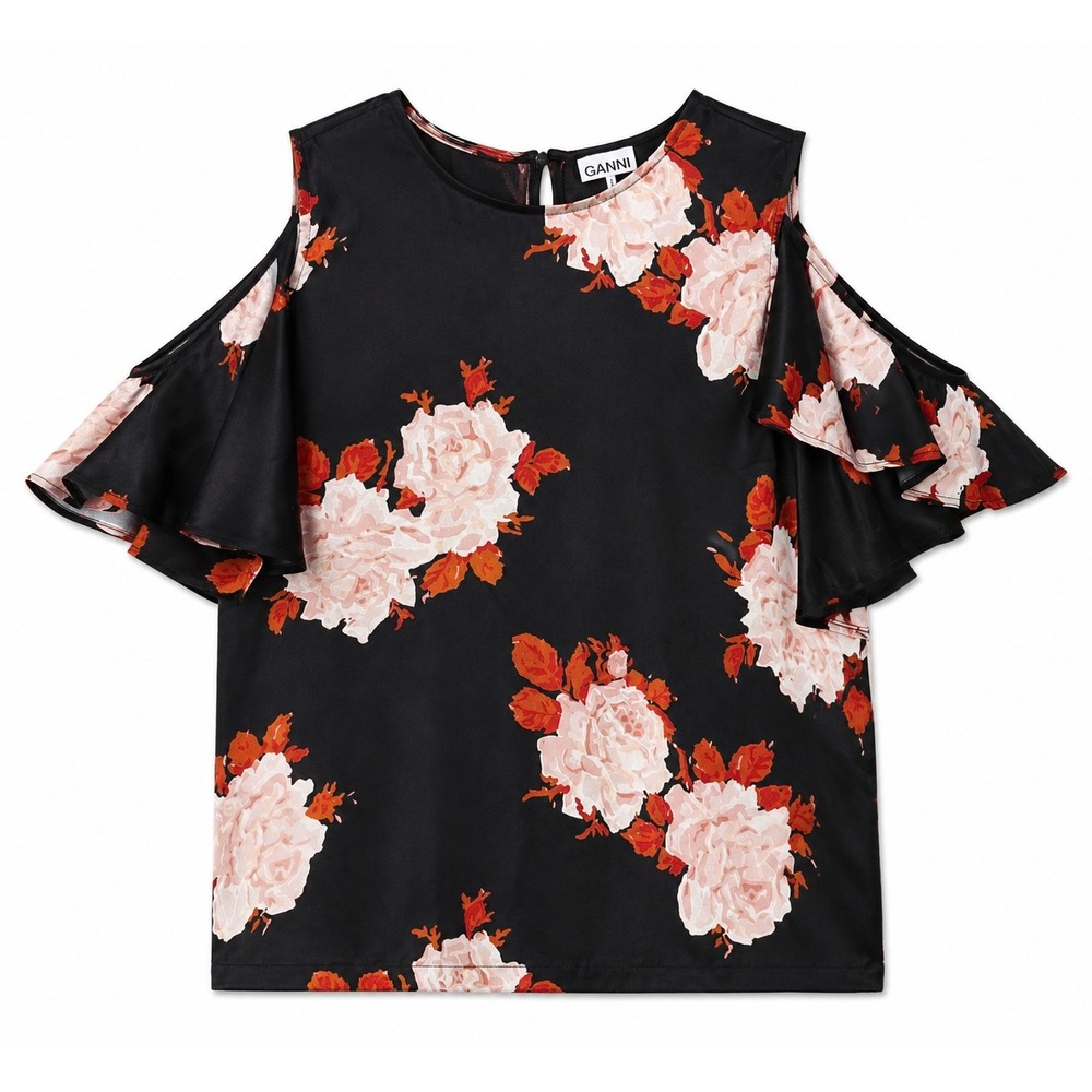 Ganni‎ Pation Satin Floral Cold Shoulder Ruffle Sleeve Blouse Black Pink Size 34 - Picture 2 of 11